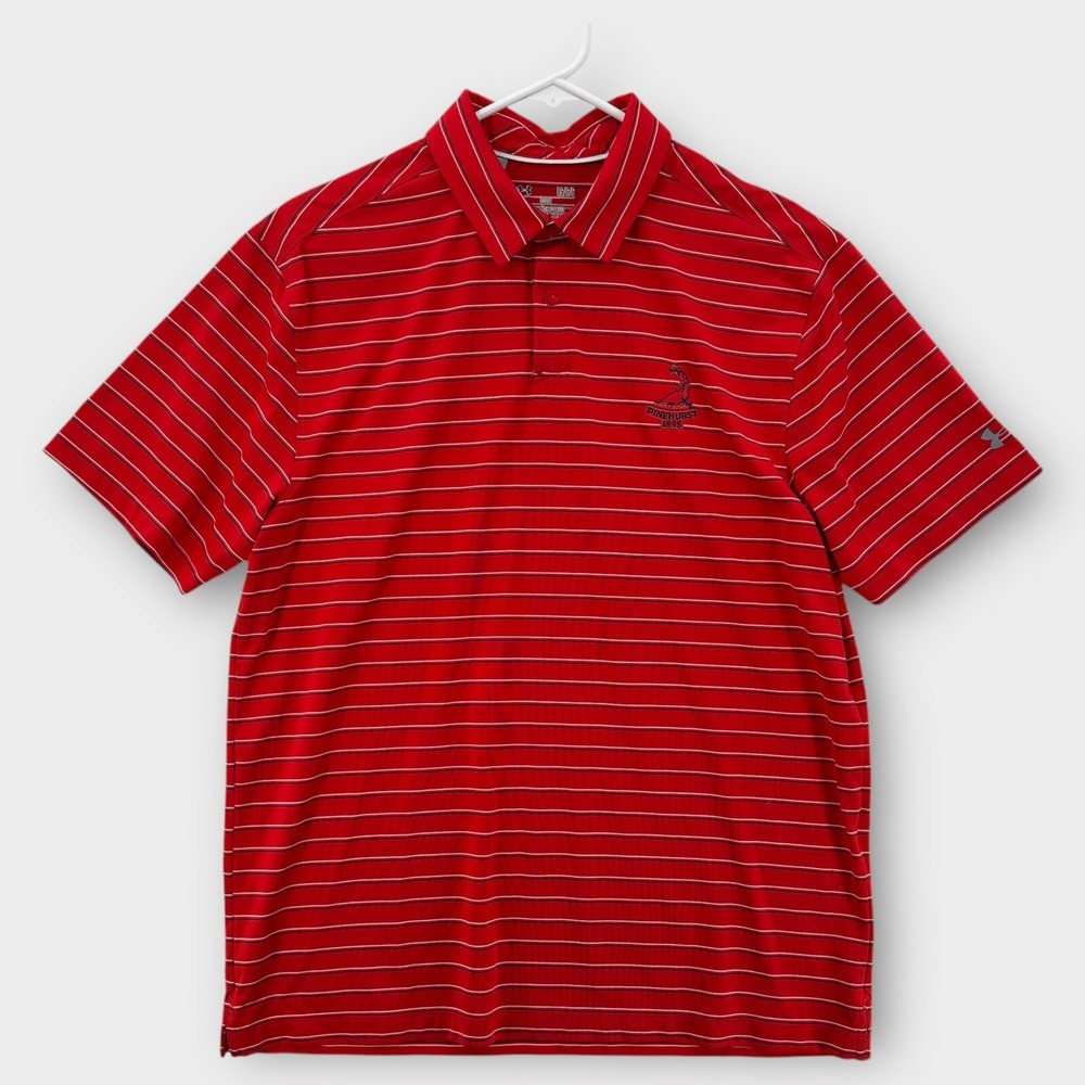 Under Armour‎ Pinehurst 1895 Golf Polo Mens Large Red Striped HeatGear Loose Fit